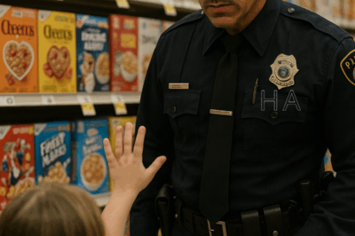 The Little Girl Lifted Her Hand With All Five Fingers Spread — But It Wasn’t a Simple Greeting. It Was a Quiet Plea for Help, a Hidden Signal Only a Trained Eye Could Recognize. The Officer’s Expression Changed Instantly — And What Happened Next Was Something No One in the Supermarket Saw Coming