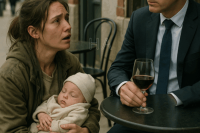She knelt beside his table on the sidewalk, cradling her baby. “Please, I don’t want your money—just a moment of your time.” The man in the suit looked up from his wine, unaware her words would shatter everything he thought he knew