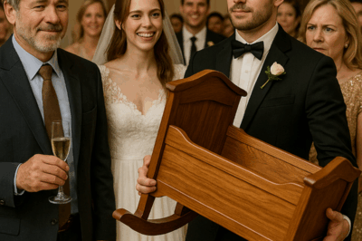 At my lavish wedding, my in-laws gifted an Aston Martin. My MIL mocked my father’s gift—a hand-carved wooden baby cradle—calling it a “poor man’s offering.” She didn’t expect the groom, her own son, to stand up, lift the cradle, and say words that left the entire hall in stunned silence