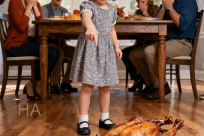 During Thanksgiving dinner, my five-year-old daughter suddenly shouted, ran to the table, and tossed the whole turkey onto the floor. Everyone went silent. I crouched down and asked as gently as I could, “Sweetheart, why did you do that?” She caught her breath, raising her hands triumphantly. “Because I saved all of you!” No one knew what she meant… not until she whispered something that froze the entire room